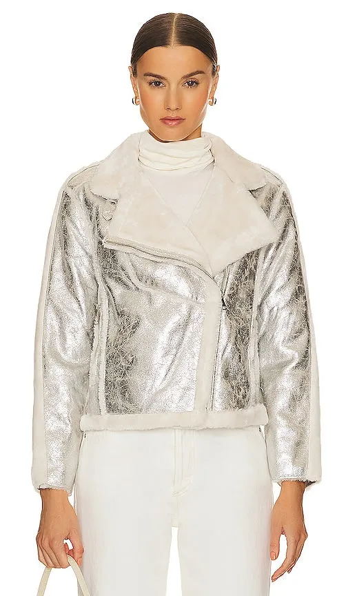 Adrienne Landau Moonstone Faux Shearling Jacket in Metallic Silver