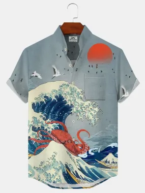 Alohadaddy Wave Octopus Button Pocket Casual Short Sleeve Stand Collar Shirt