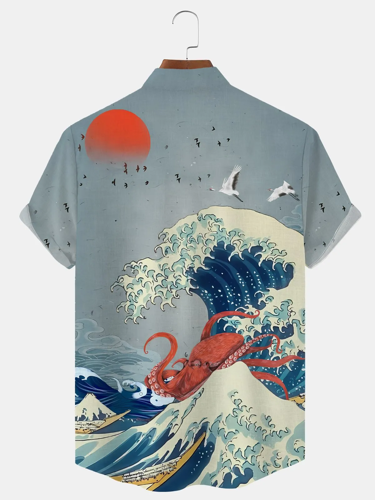 Alohadaddy Wave Octopus Button Pocket Casual Short Sleeve Stand Collar Shirt