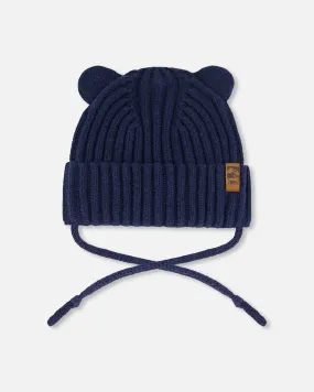 Baby Knit Hat With Strings Navy Blue