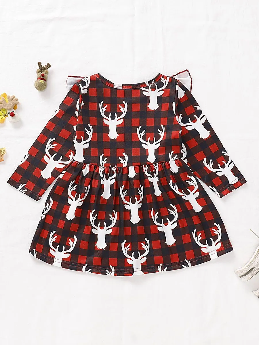 Baby Toddler Girl Christmas Reindeer Ruffled Sleeve Dress