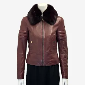 Bally women's burgundy leather biker jacket with fox fur collar detail