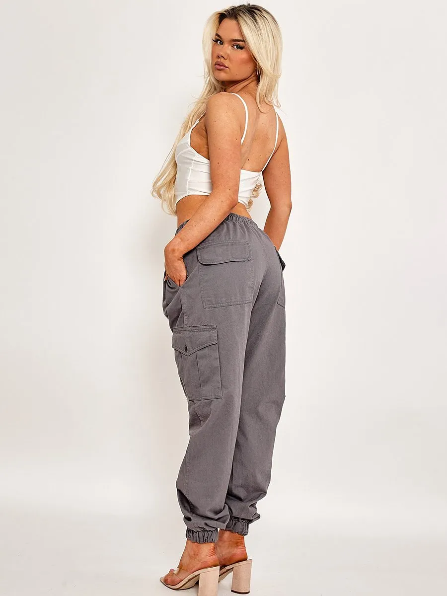 Bianka Twill Fabric Cargo Trousers In Grey