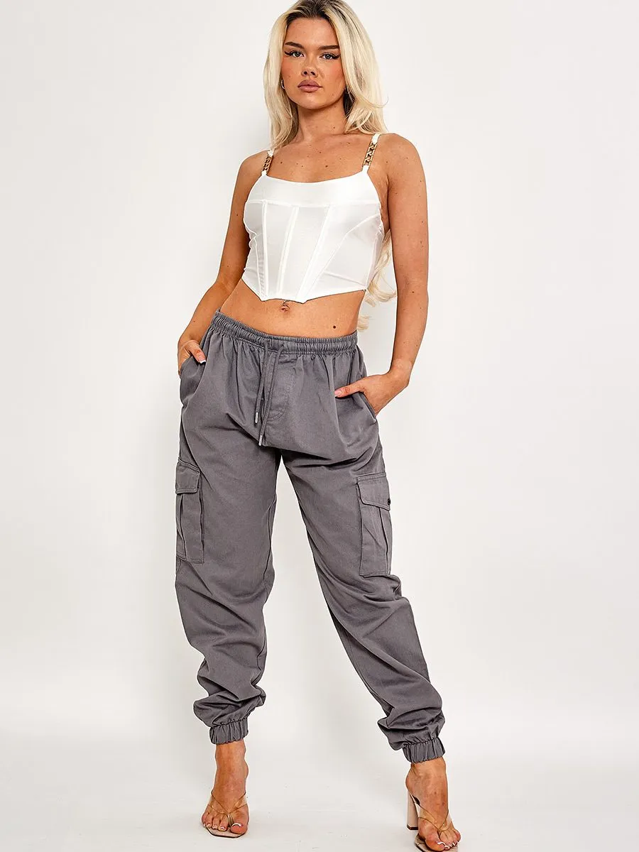 Bianka Twill Fabric Cargo Trousers In Grey