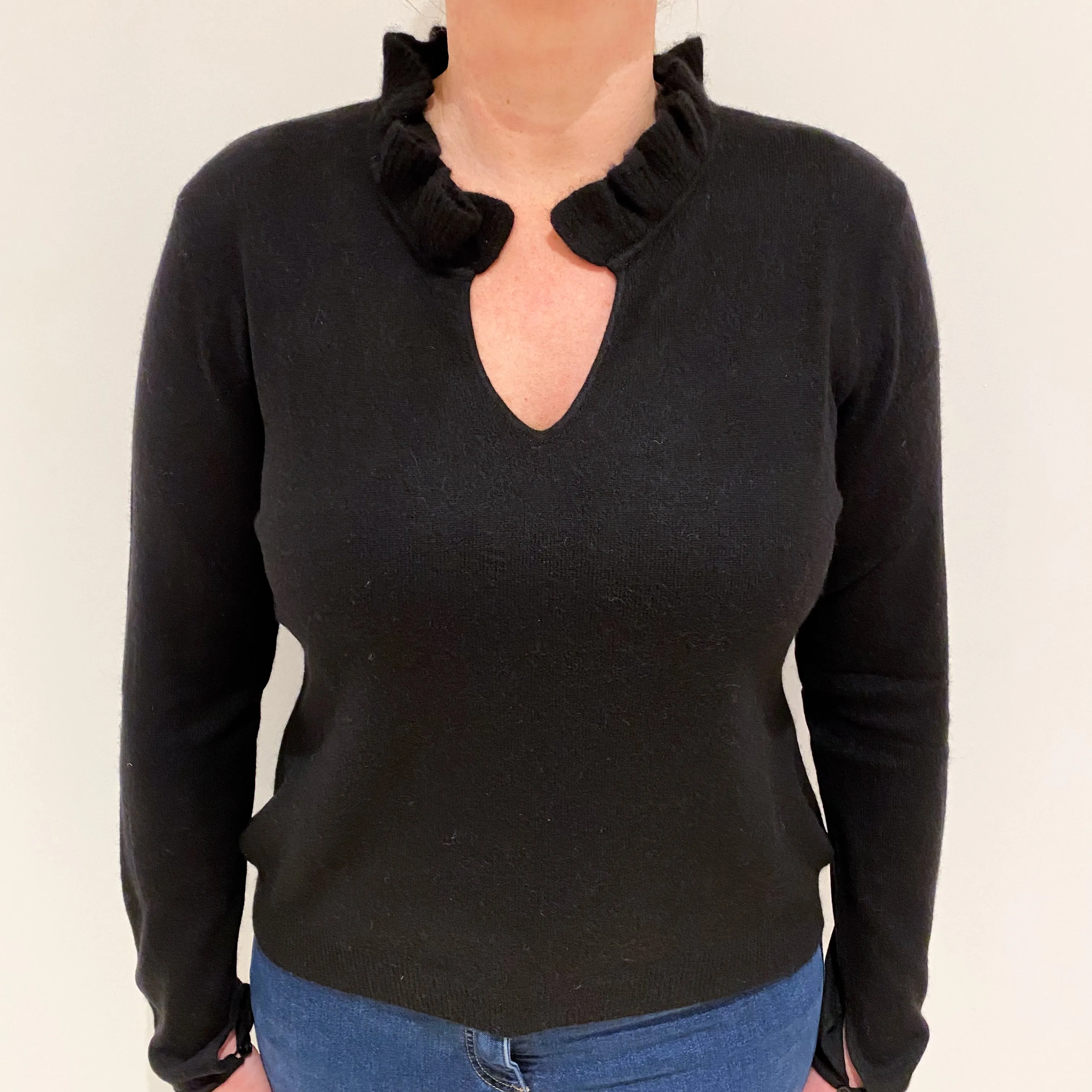 Black Cashmere Ruffle V-Neck Jumper Large