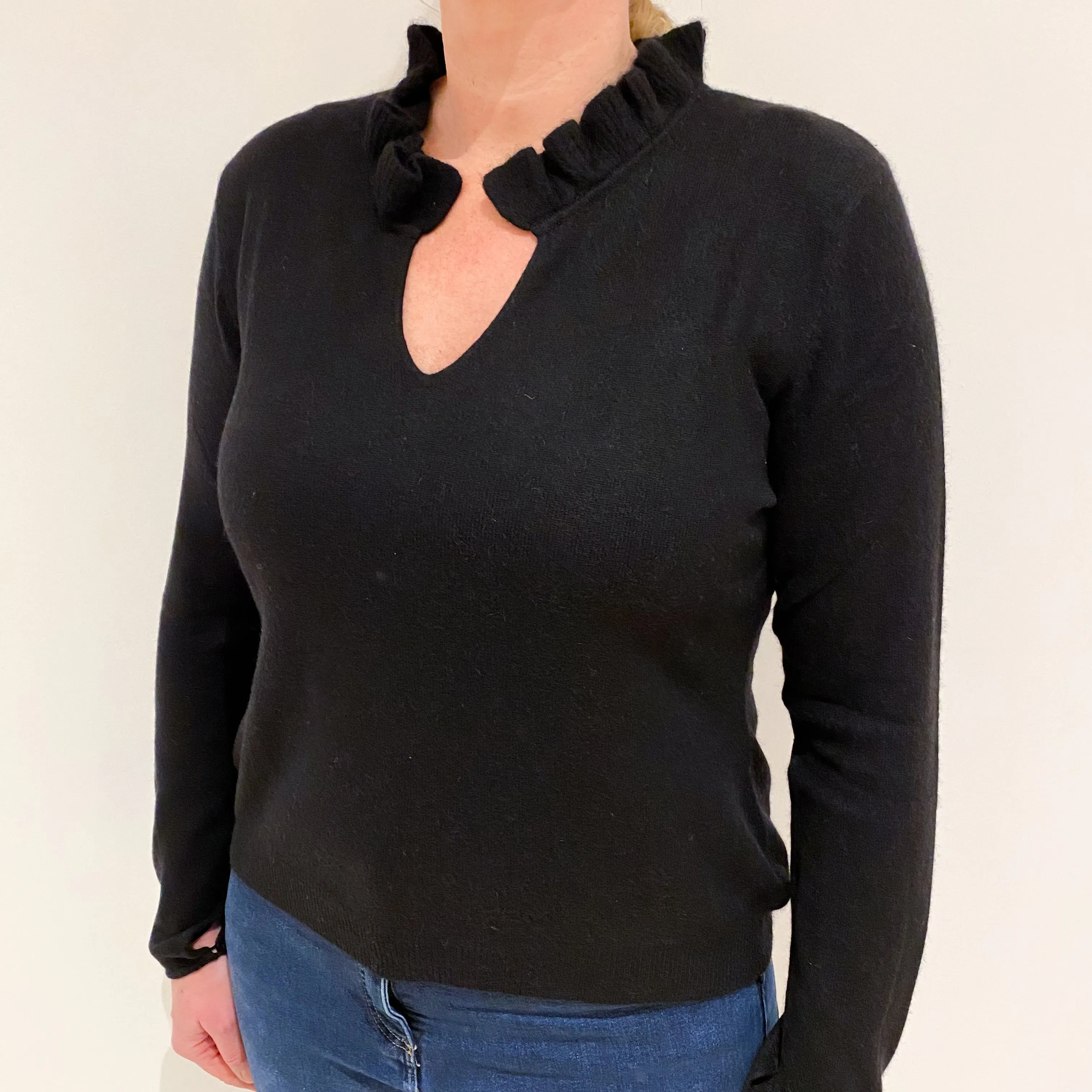 Black Cashmere Ruffle V-Neck Jumper Large