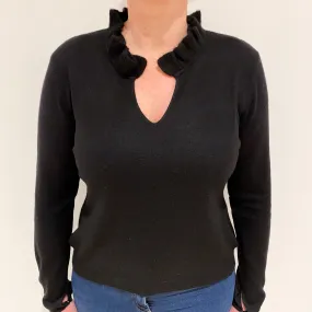 Black Cashmere Ruffle V-Neck Jumper Large