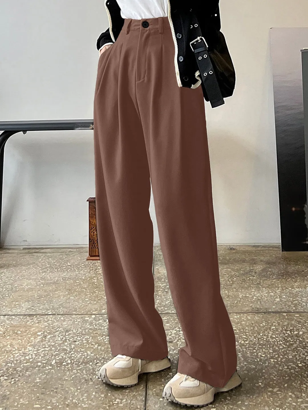 Brown HighRise Pleated Casual Trousers
