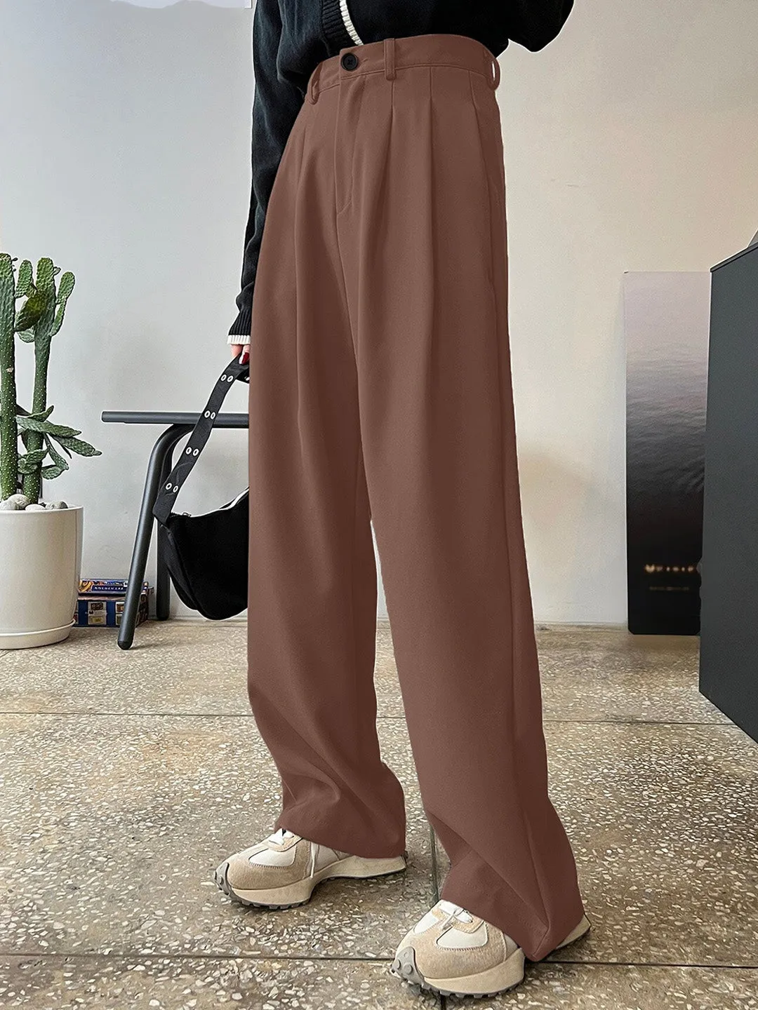 Brown HighRise Pleated Casual Trousers