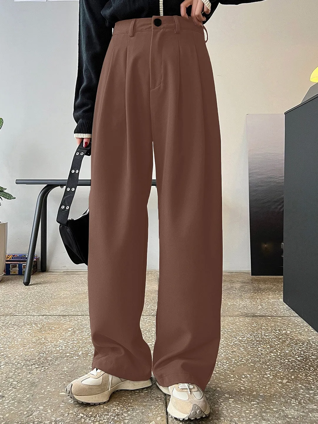Brown HighRise Pleated Casual Trousers