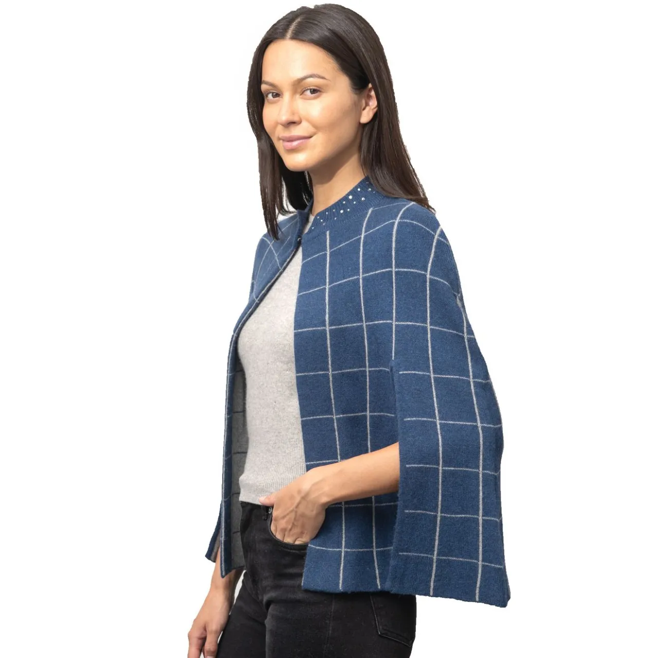 Cashmere Window Pane Cape with Side Slits & Crystal Neckline - Denim