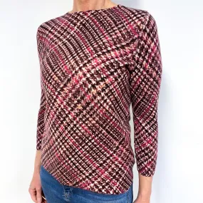 Cream with Fuchsia Pink and Warm Brown Patterned Cashmere Crew Neck Jumper Medium
