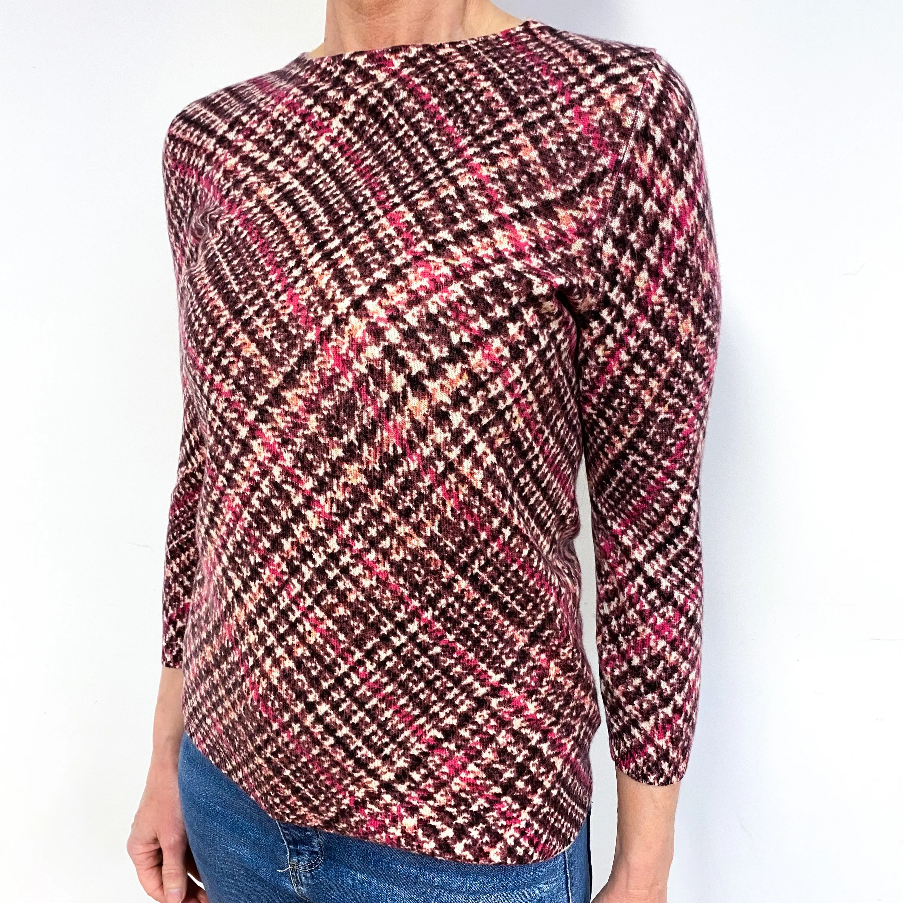 Cream with Fuchsia Pink and Warm Brown Patterned Cashmere Crew Neck Jumper Medium
