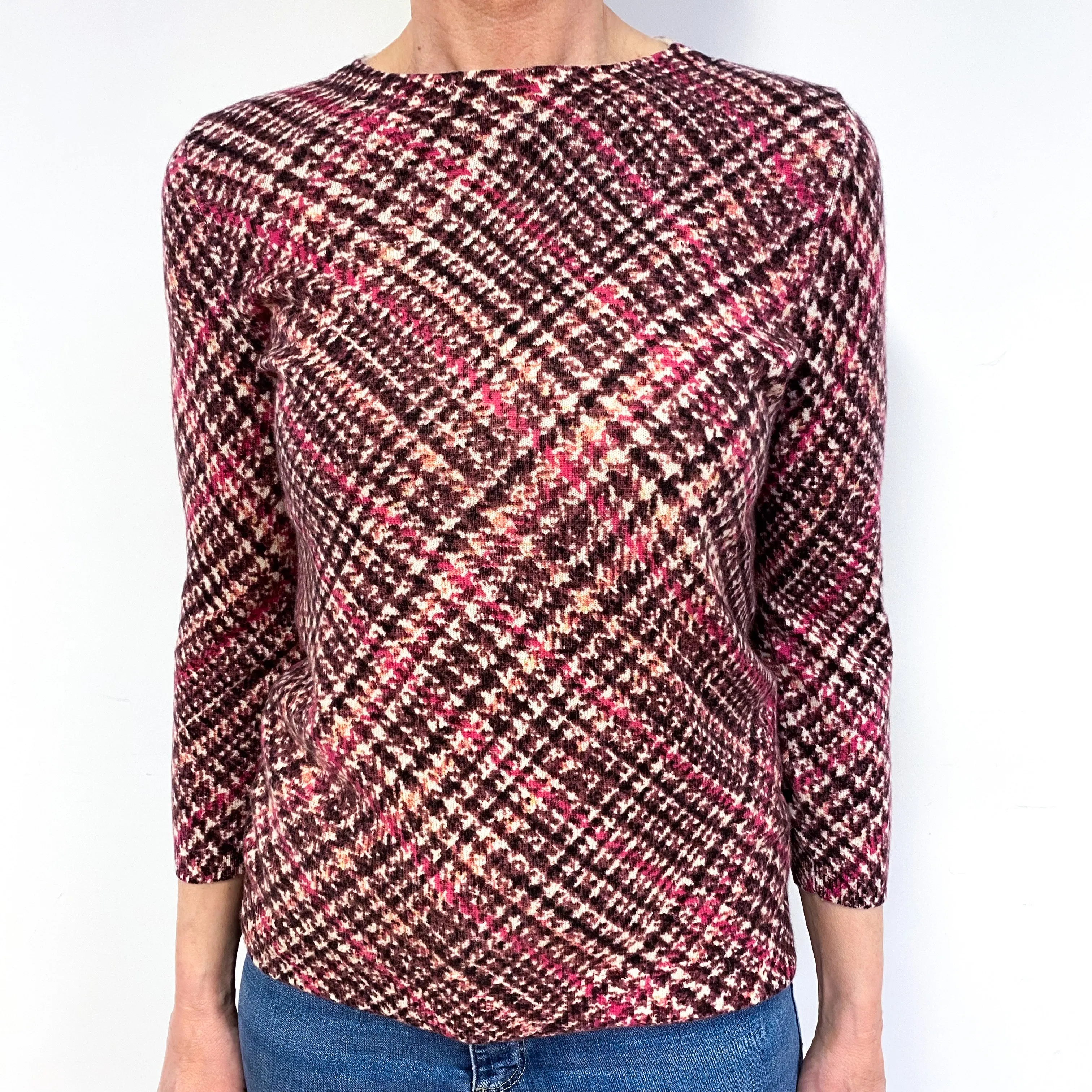 Cream with Fuchsia Pink and Warm Brown Patterned Cashmere Crew Neck Jumper Medium