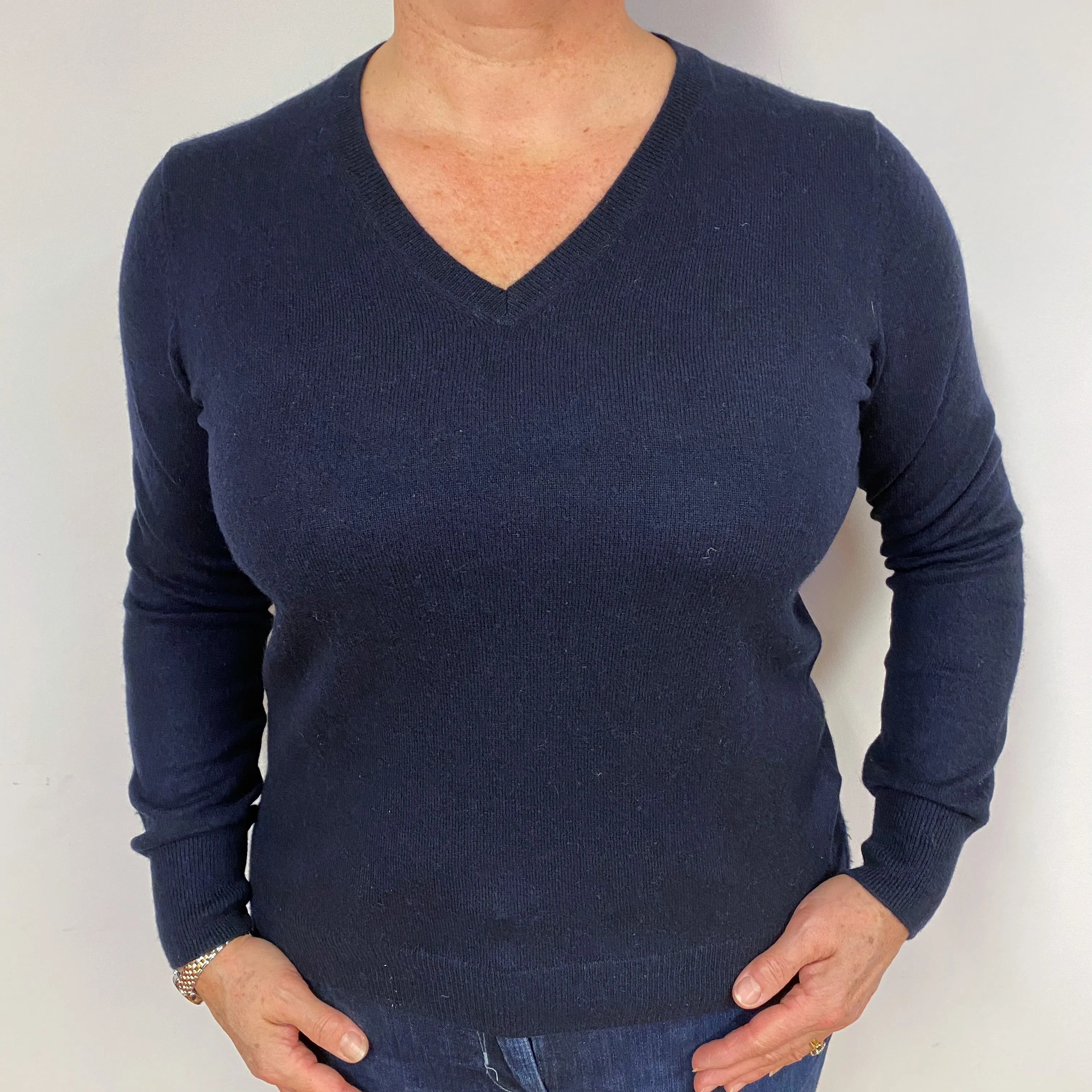 Dark Navy Blue Cashmere V-Neck Jumper Large