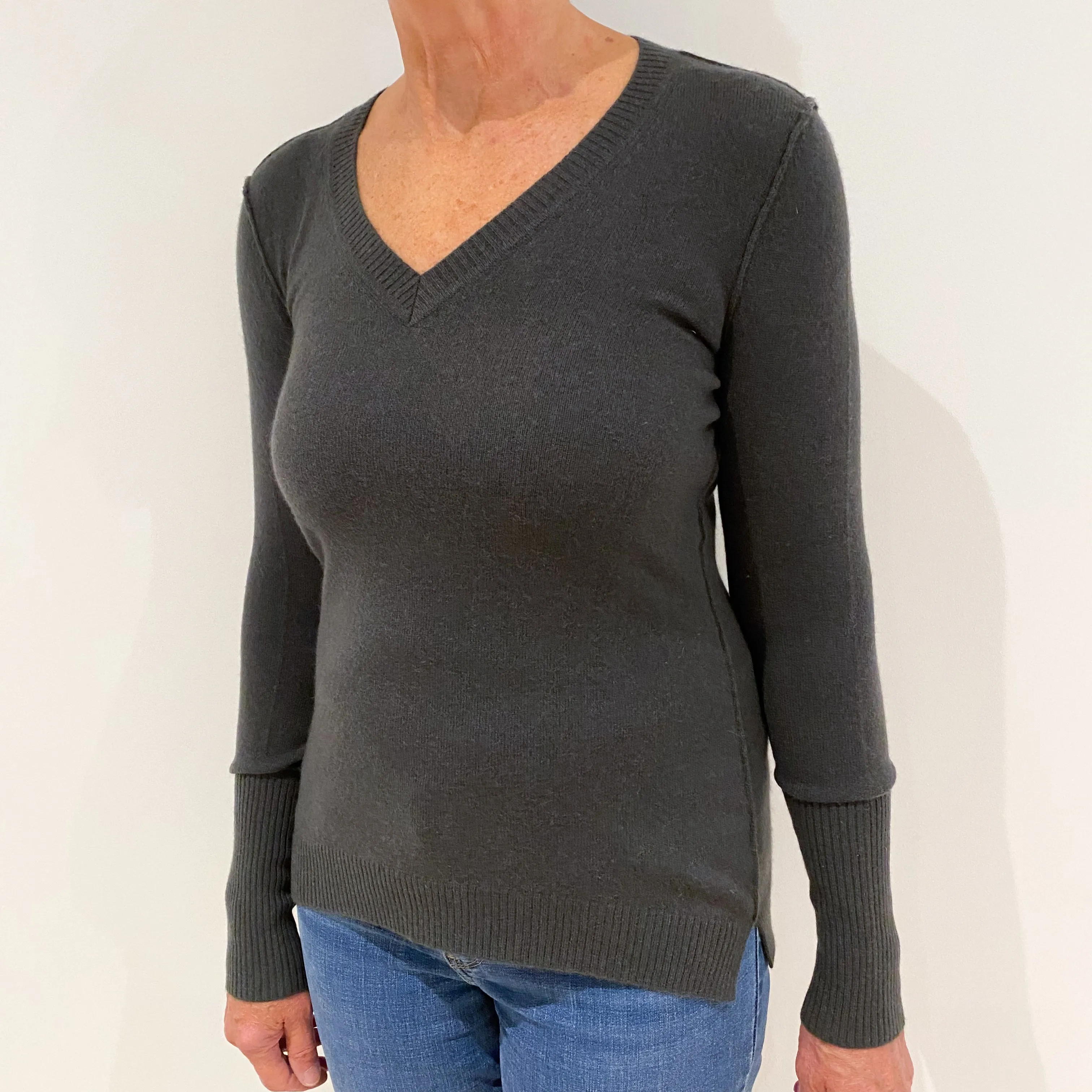 Deep Khaki Green Cashmere V-Neck Jumper Medium