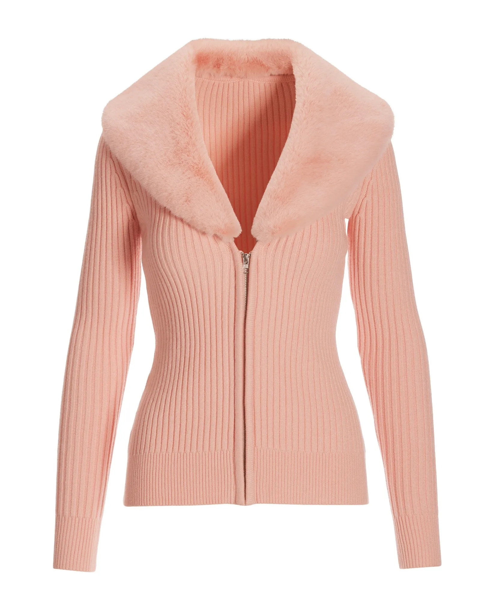 Faux Fur Collar Zip Cardigan Light Pink