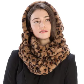 Faux Fur Hooded Infinity Scarf - Animal Print