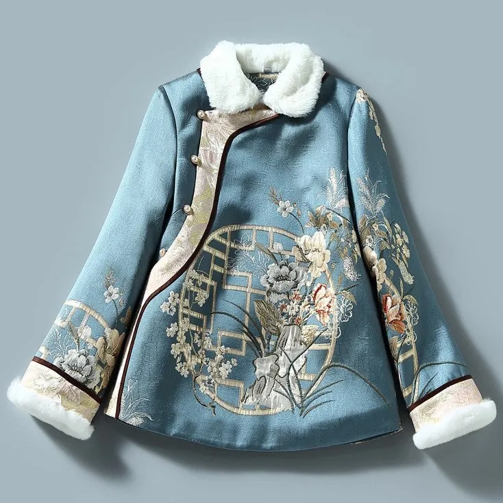 Floral Brocade Fur Edge Women's Chinese Style Wadded Coat