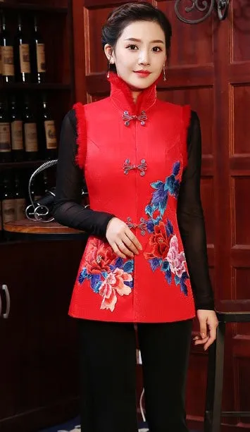 Floral Embroidery Cheongsam Top Fur Edge Chinese Wadded Waistcoat Vest