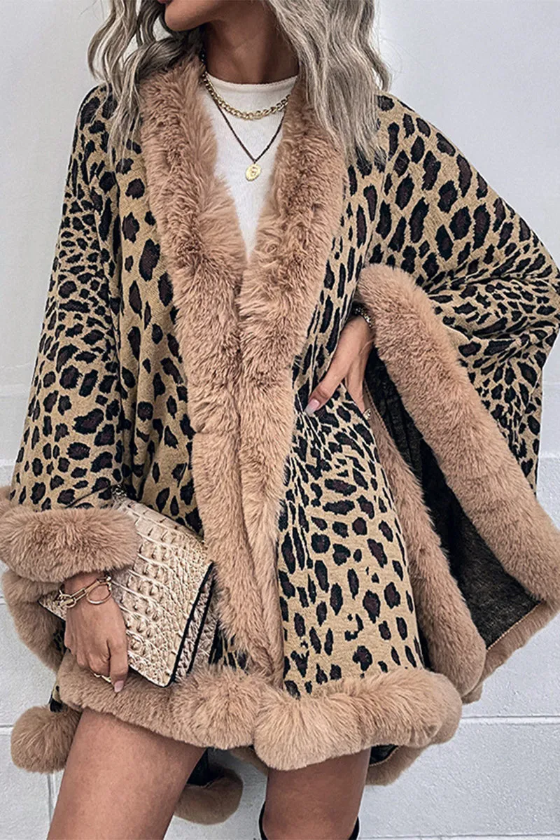 Fur Collar Leopard Shawl Sweater