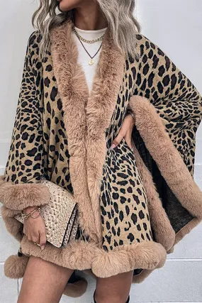 Fur Collar Leopard Shawl Sweater