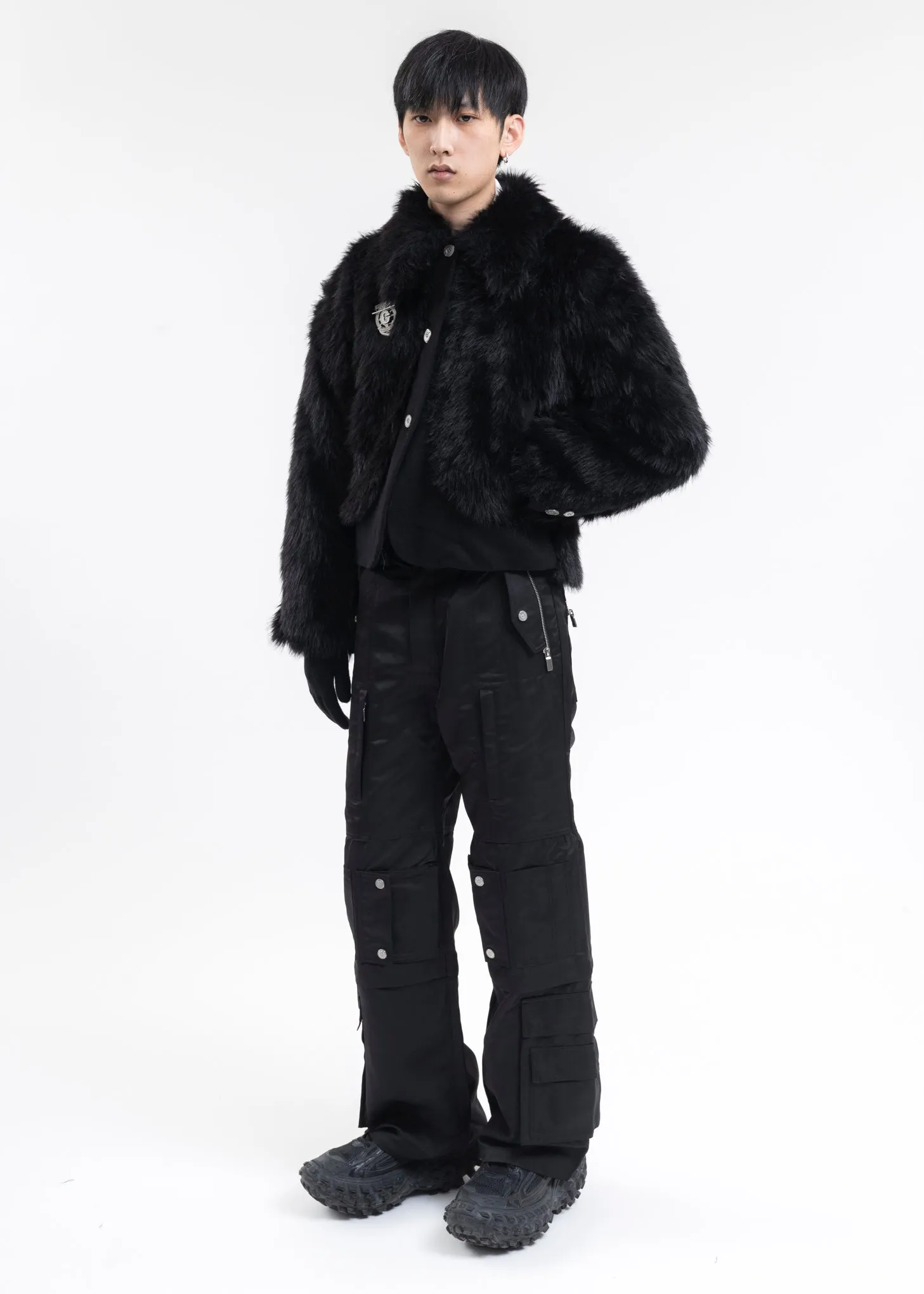 FUZZY BLACK ARCH PANELLED FUR JACKET