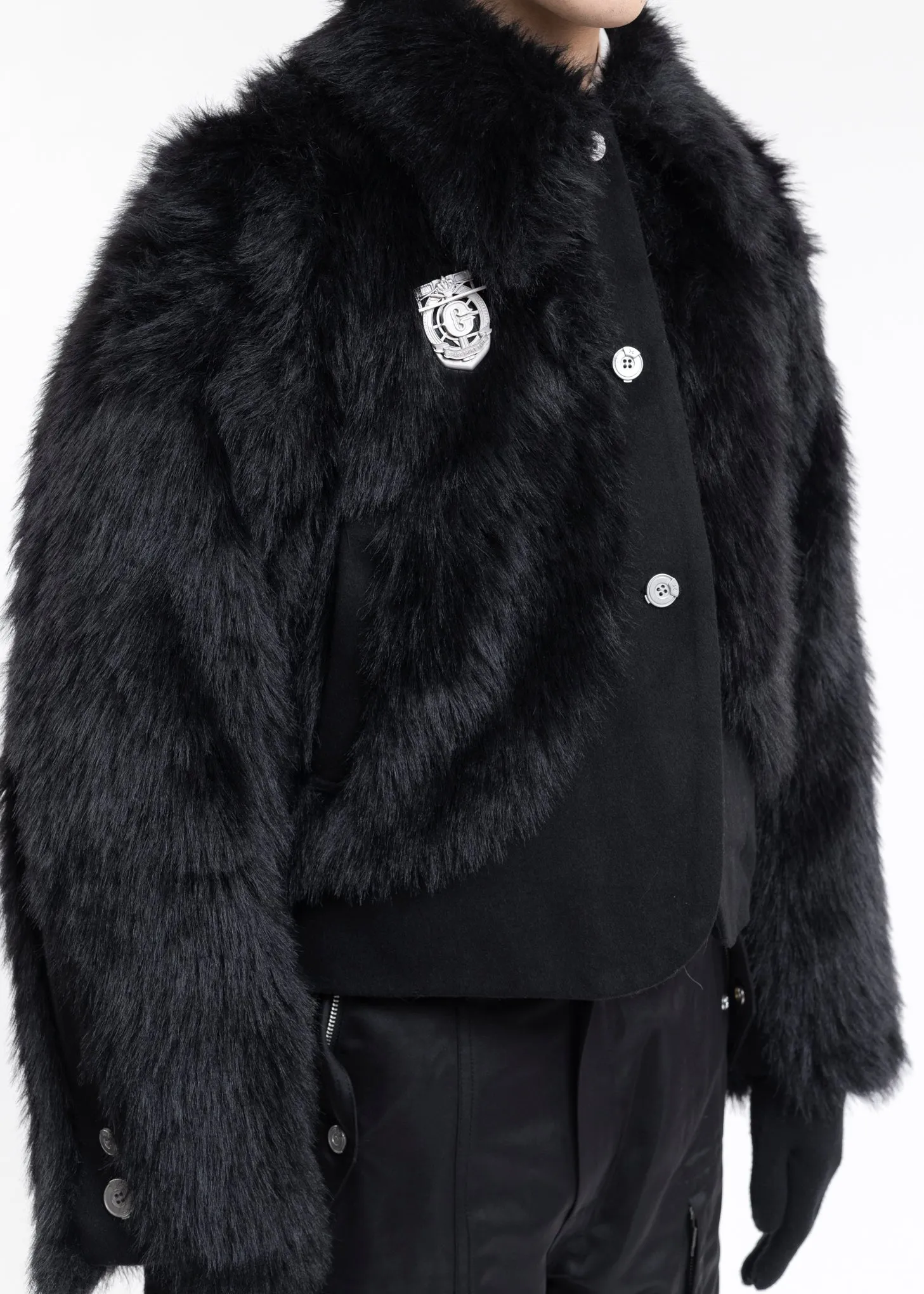 FUZZY BLACK ARCH PANELLED FUR JACKET