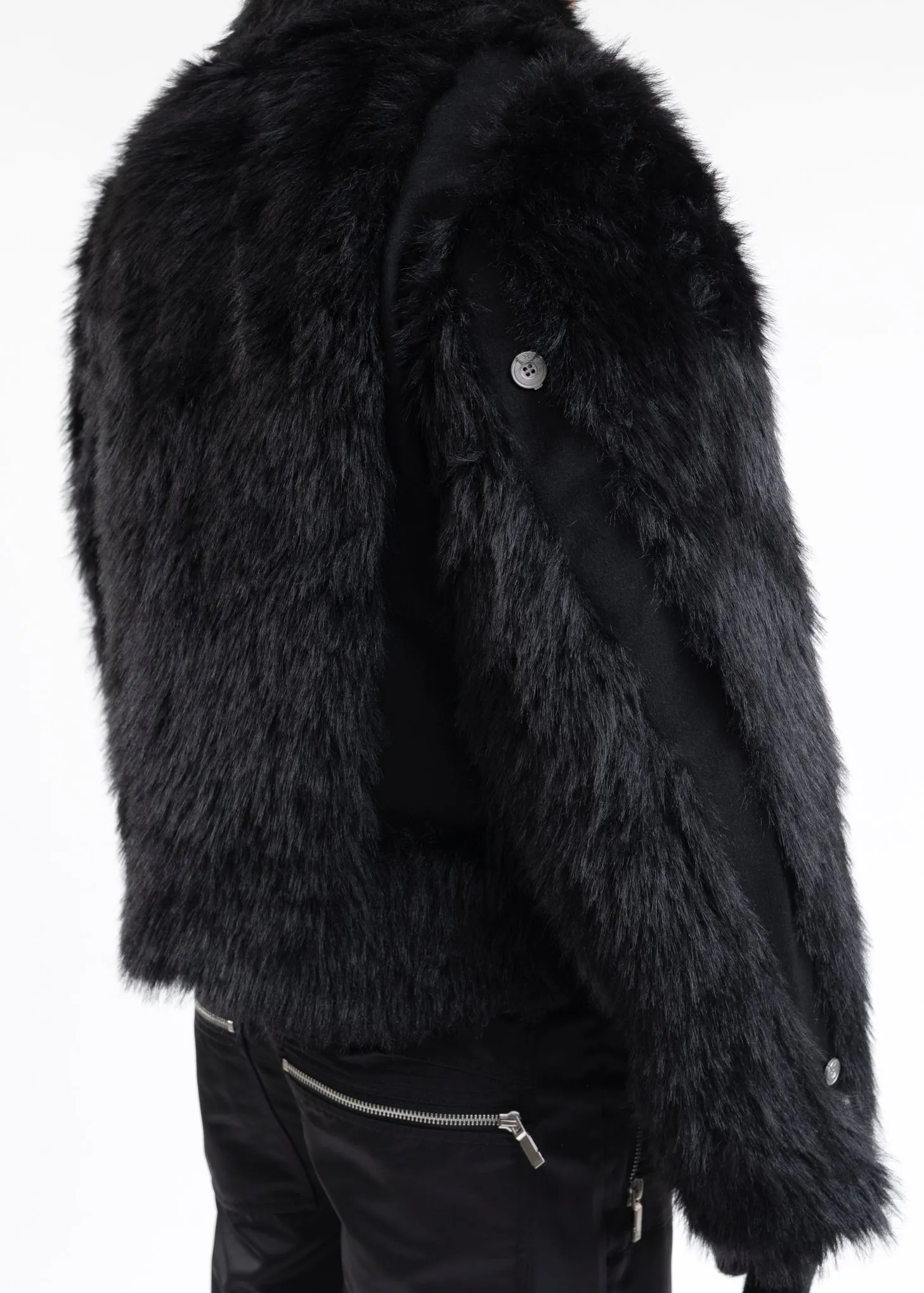 FUZZY BLACK ARCH PANELLED FUR JACKET
