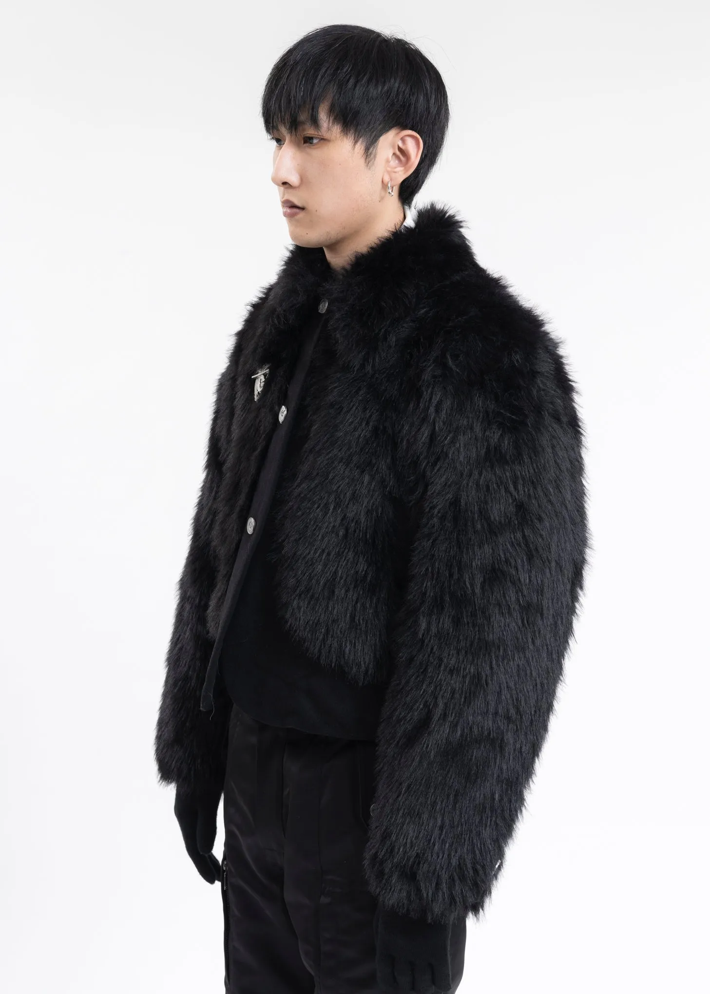 FUZZY BLACK ARCH PANELLED FUR JACKET