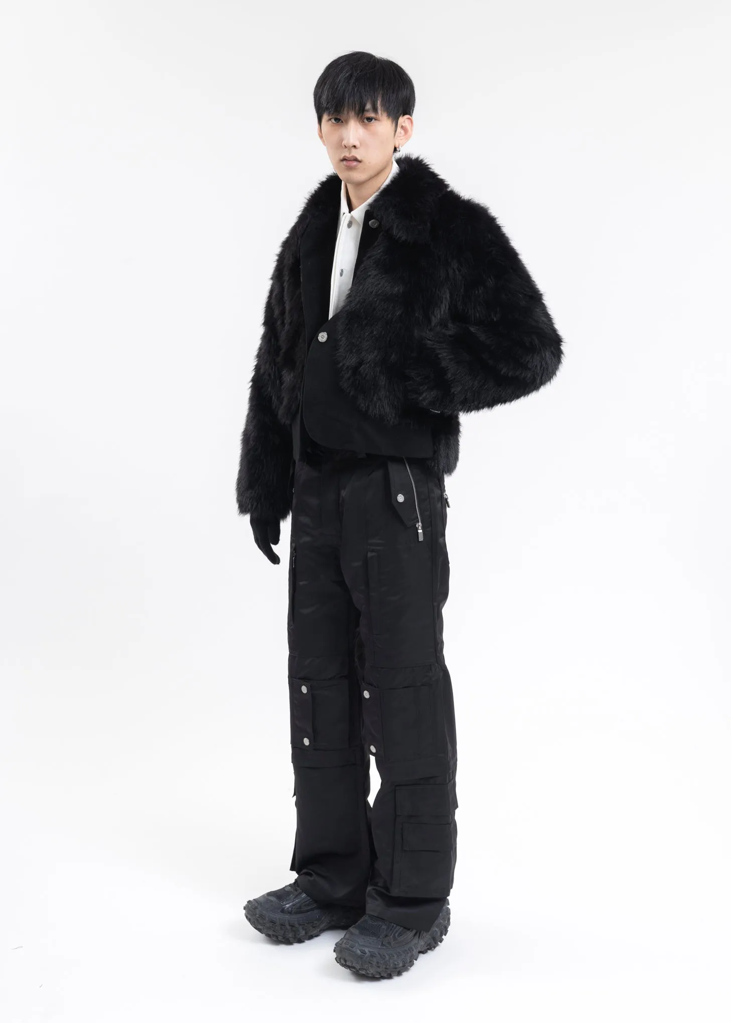 FUZZY BLACK ARCH PANELLED FUR JACKET