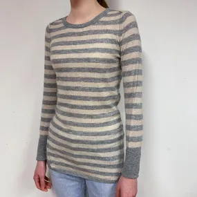 Grey Oatmeal Stripe Cashmere Crew Neck Jumper Extra Small