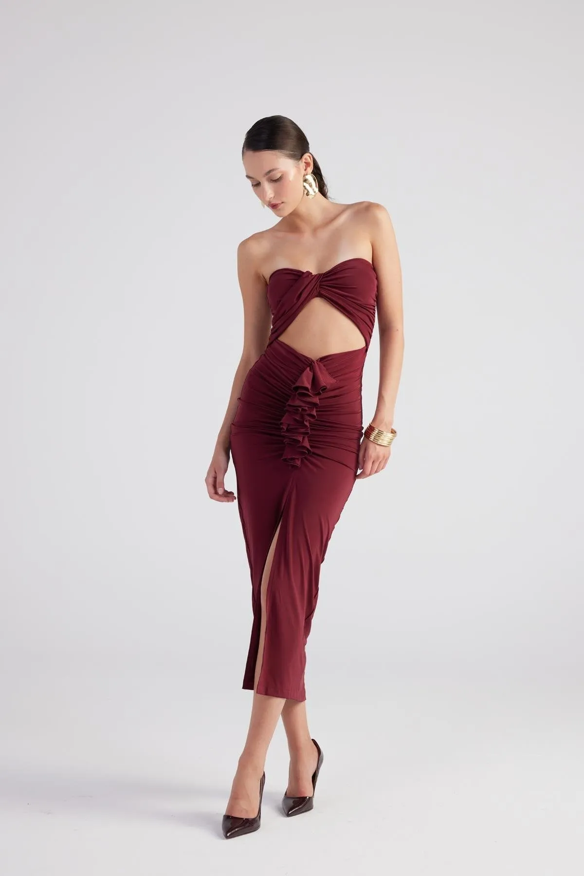 Hailey Strapless Cut Out Dress Burgundy