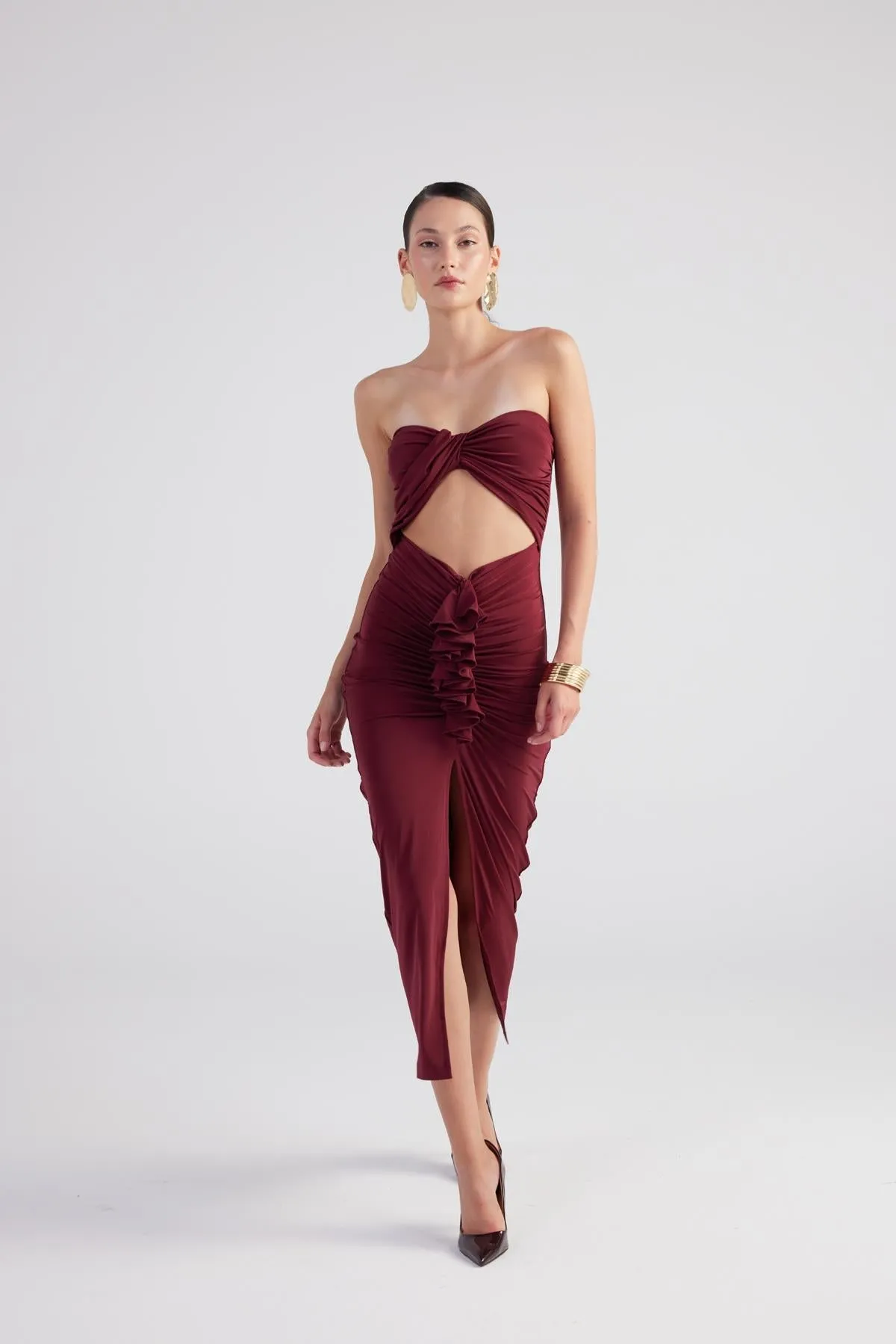 Hailey Strapless Cut Out Dress Burgundy