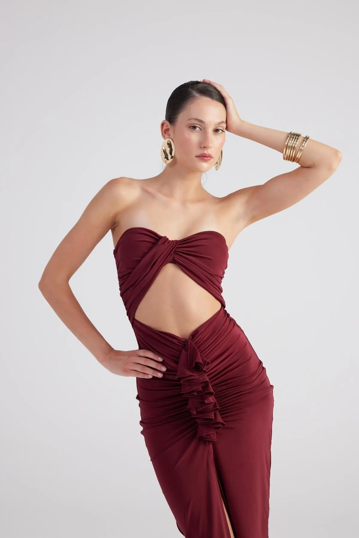 Hailey Strapless Cut Out Dress Burgundy