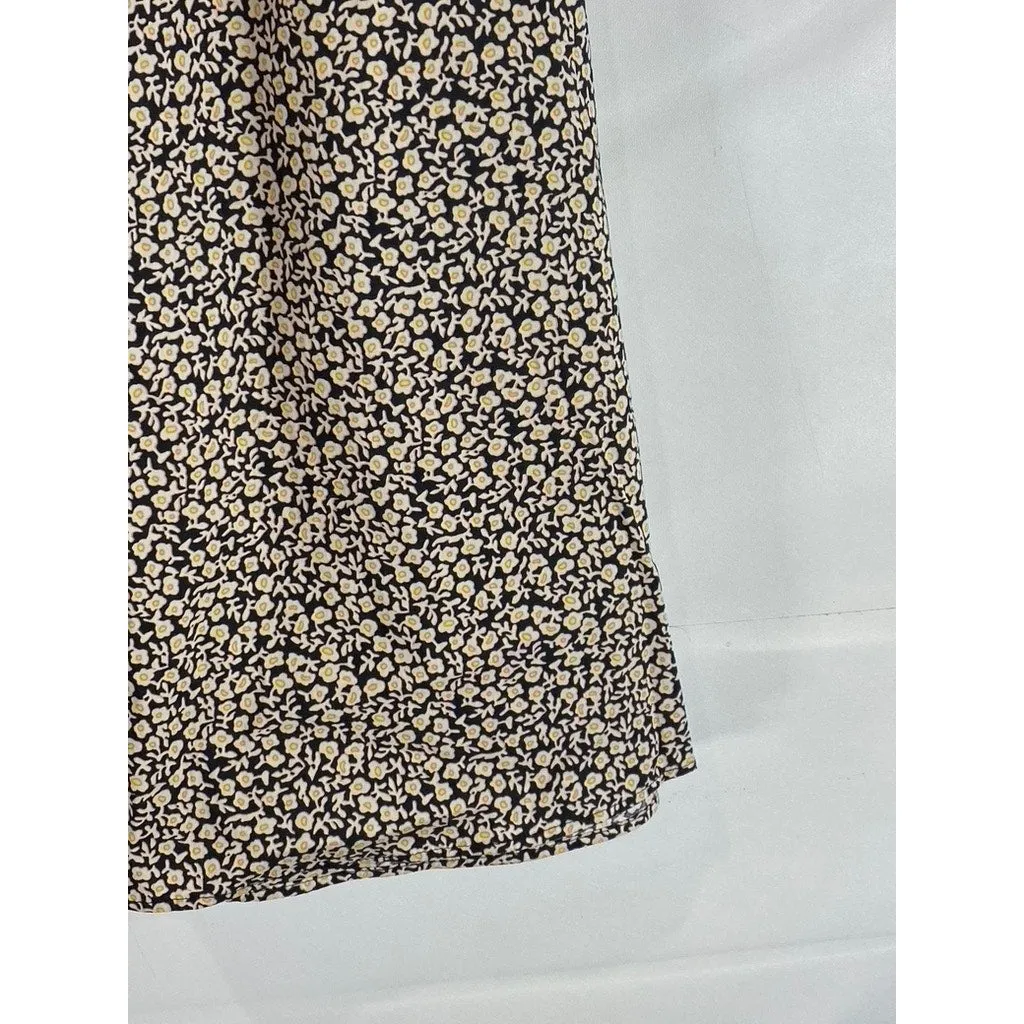 H&M Women's Tan/Black  Floral Button-Front A-Line Midi Skirt SZ 14