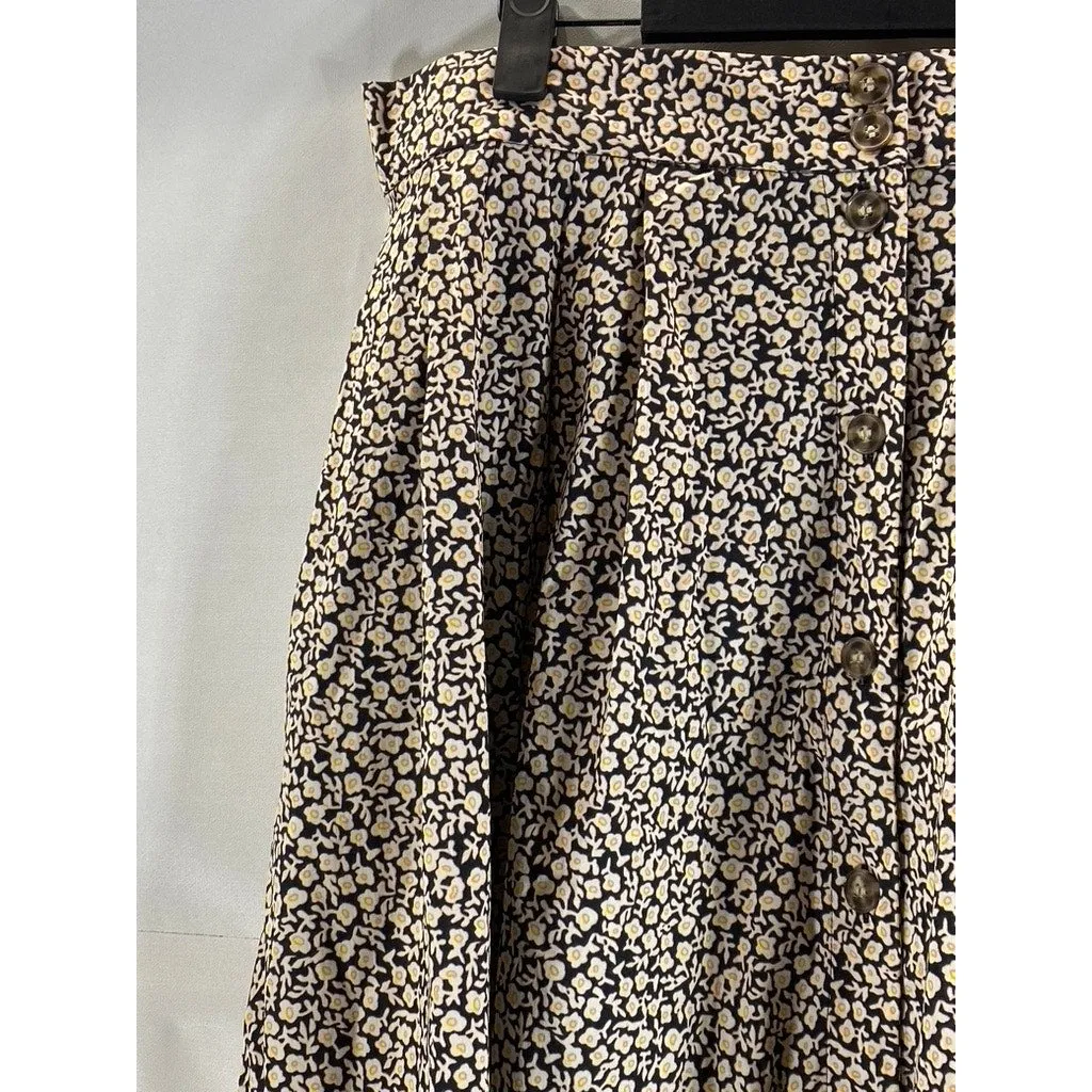 H&M Women's Tan/Black  Floral Button-Front A-Line Midi Skirt SZ 14