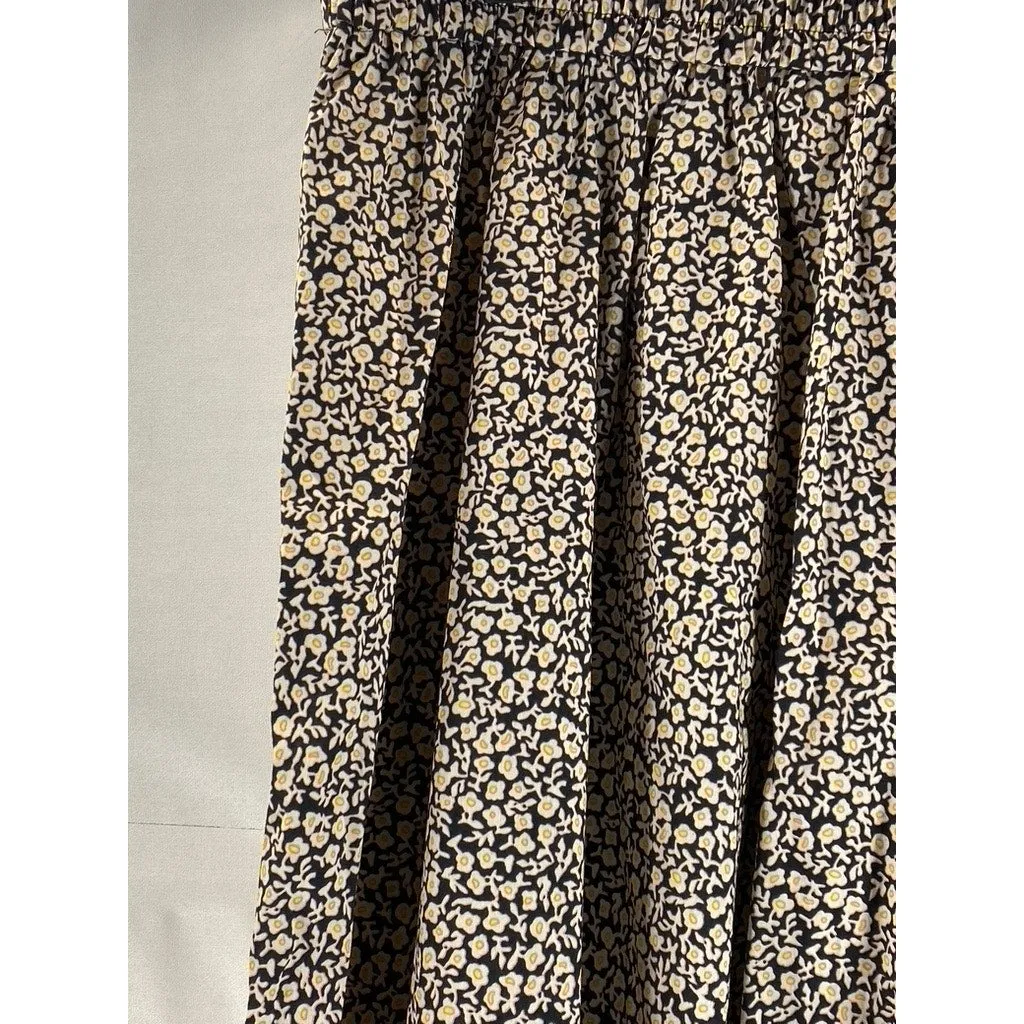 H&M Women's Tan/Black  Floral Button-Front A-Line Midi Skirt SZ 14