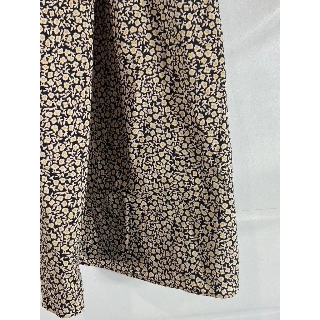 H&M Women's Tan/Black  Floral Button-Front A-Line Midi Skirt SZ 14
