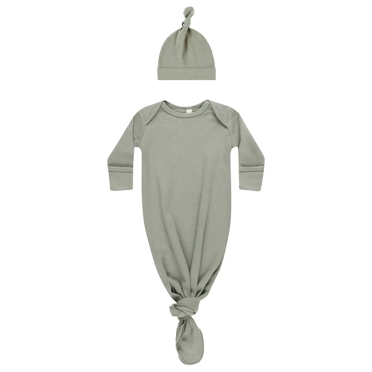 Knotted Baby Gown and Hat Set in Basil by Quincy Mae