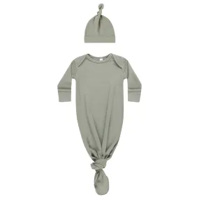Knotted Baby Gown and Hat Set in Basil by Quincy Mae