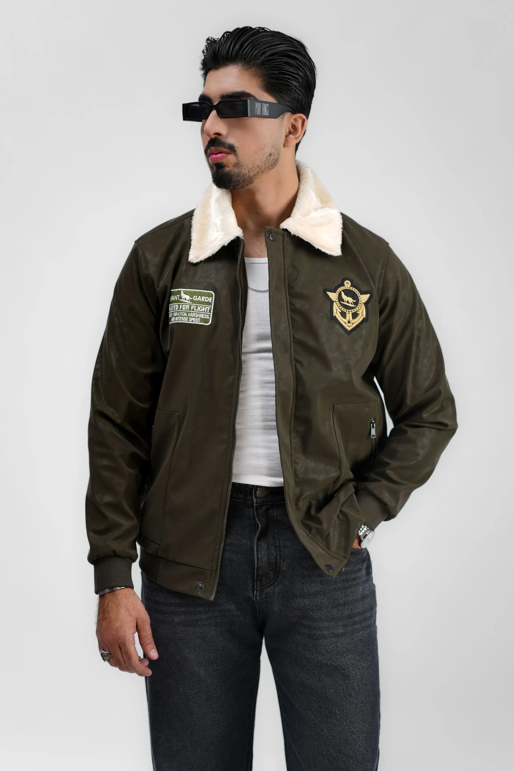 Leather Aviator Jacket - Green