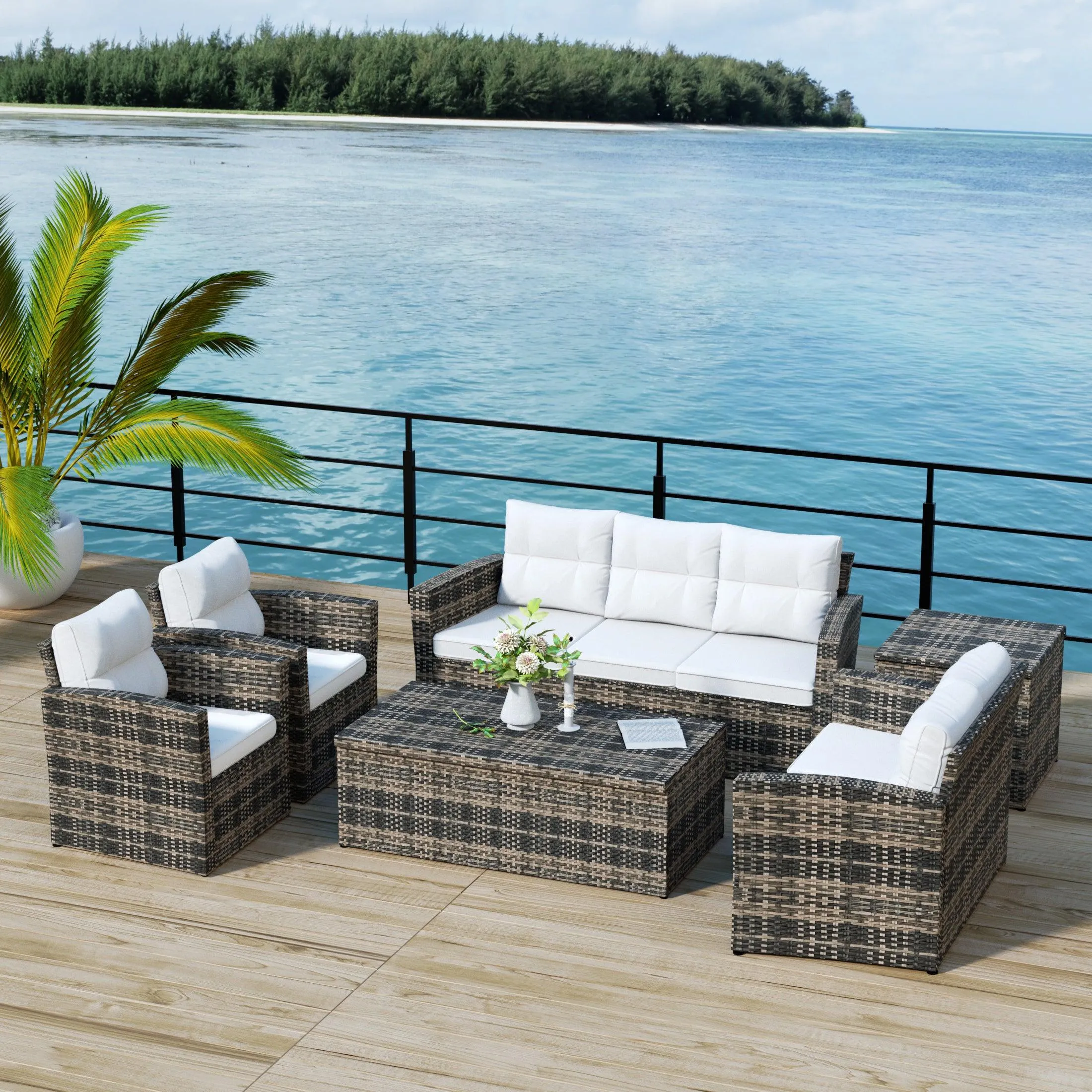 Maldives 6-Piece Set Outdoor Patio Conversation Sofa Set Brown PE Rattan