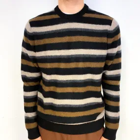 Men's Black Brown Stripe Cashmere Crew Neck Jumper Large