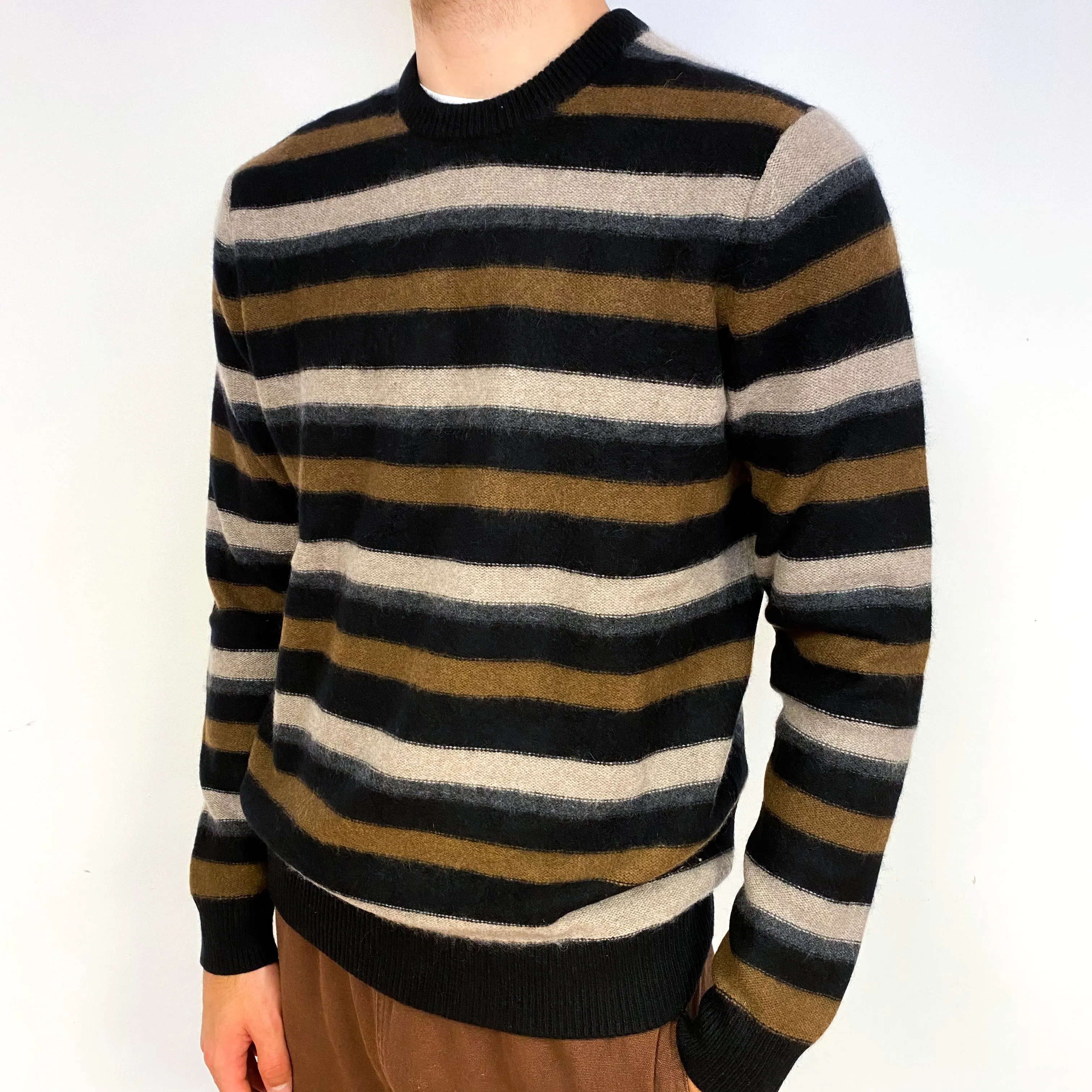 Men's Black Brown Stripe Cashmere Crew Neck Jumper Large