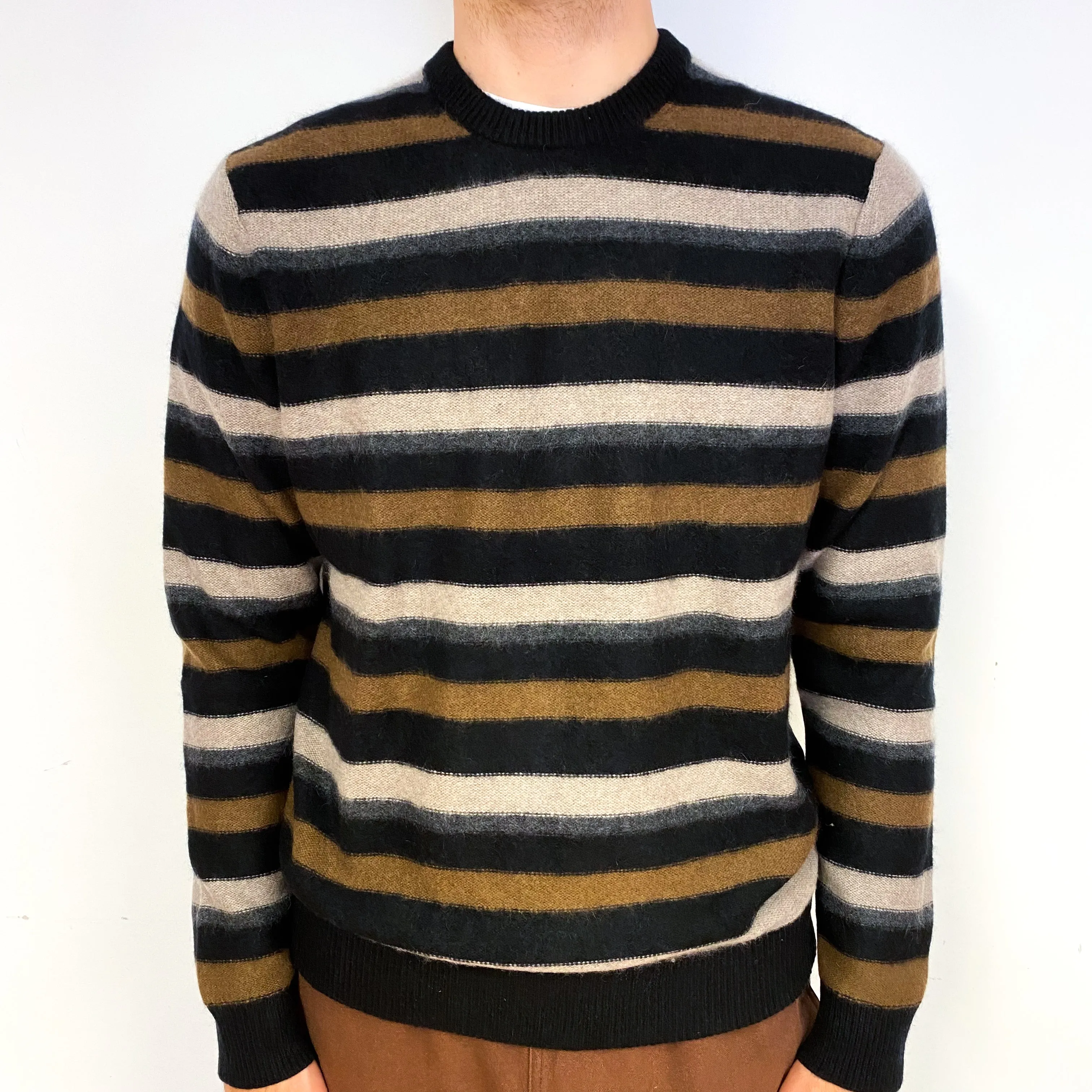 Men's Black Brown Stripe Cashmere Crew Neck Jumper Large