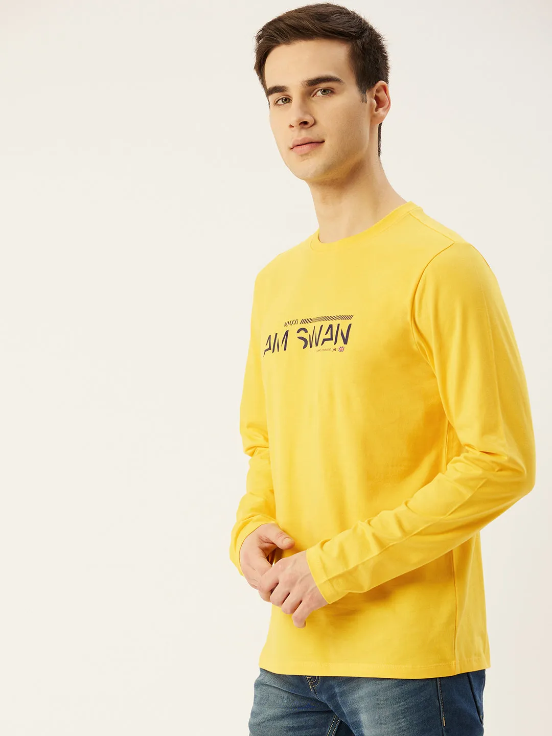 Mens Cotton Rich Lycra Graphic Full Sleeve Crew Neck T-Shirts