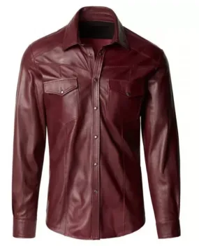 Men's Maroon Leather Slim Fit Shirt