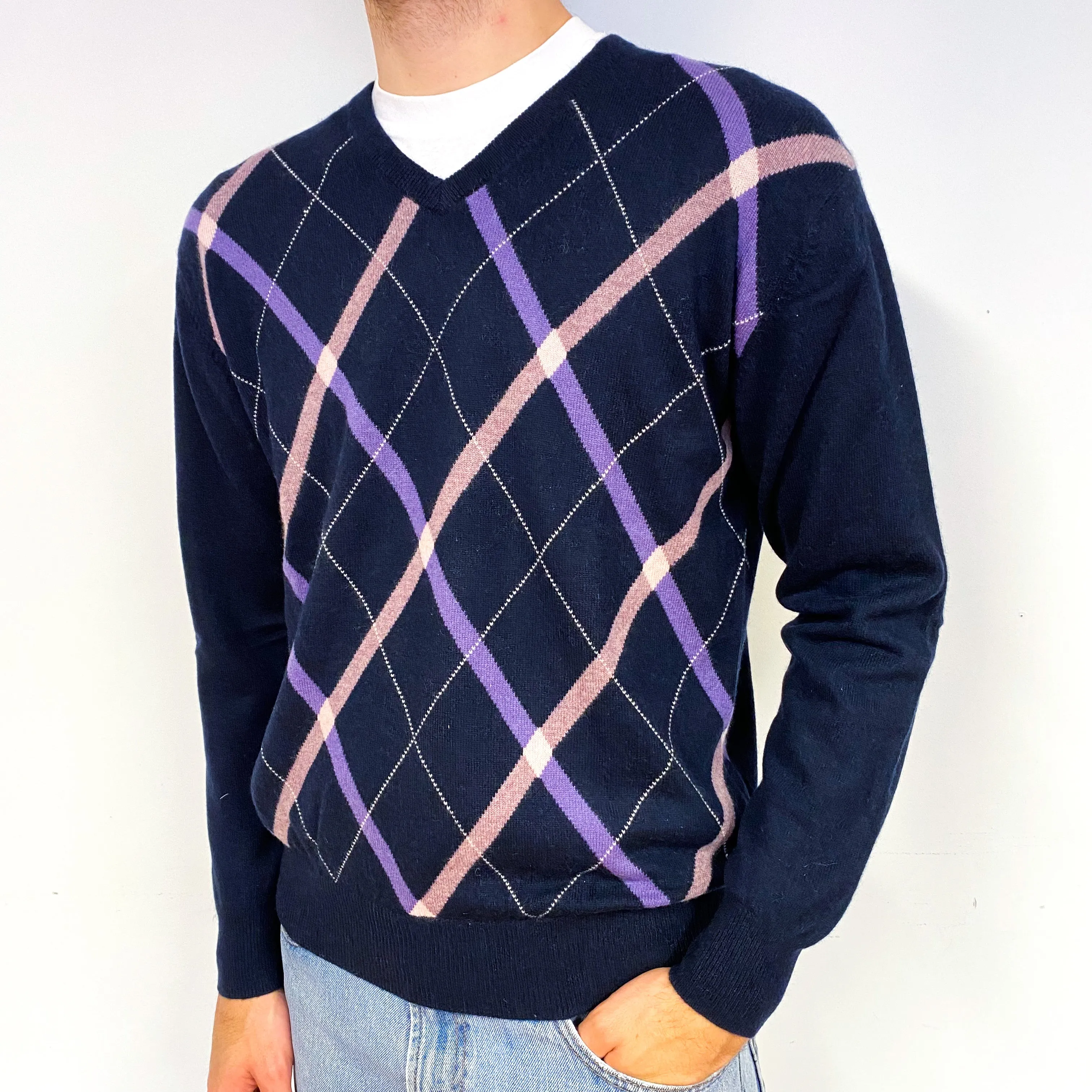 Men's Navy Purple Diamond Cashmere V-Neck Jumper Medium