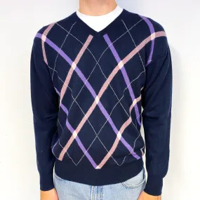 Men's Navy Purple Diamond Cashmere V-Neck Jumper Medium